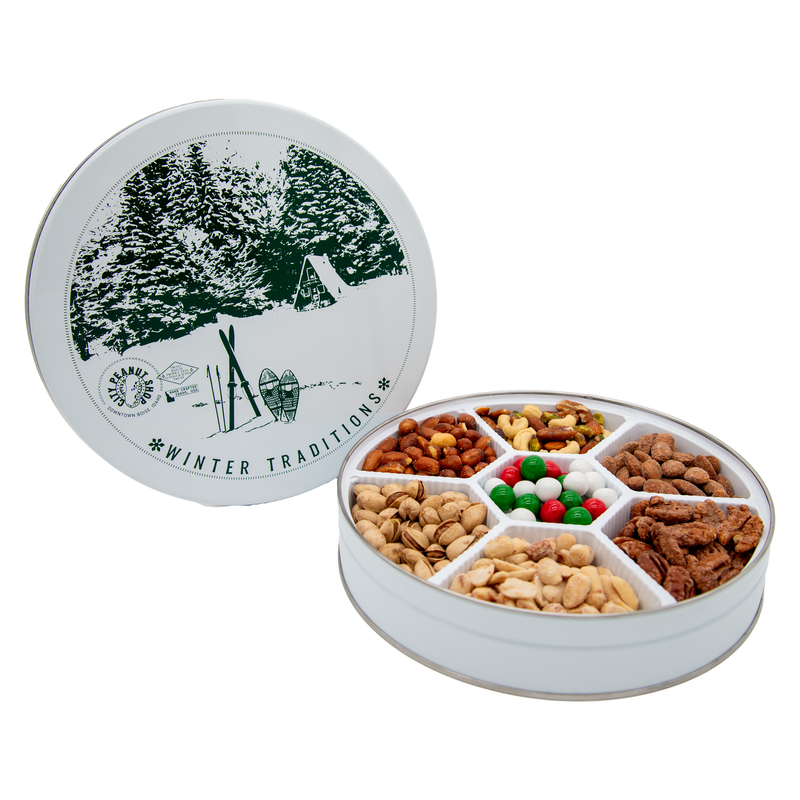 WINTER TRADITIONS TIN • LARGE WHITE/GREEN 7-SECTION