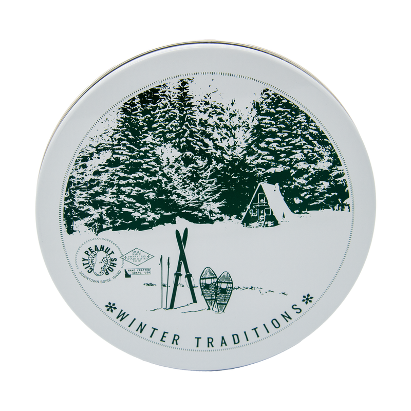 WINTER TRADITIONS TIN • LARGE WHITE/GREEN 7-SECTION